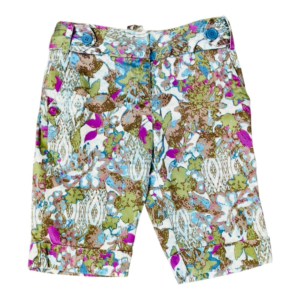 Bamboo Traders Y2K Bermuda Shorts Sz 2 Earthy Abstract Print Cuffed Stretch